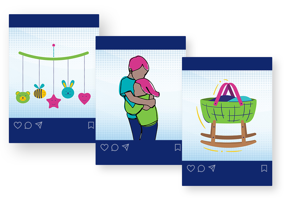 Three Instagram post images: nursery mobile, hugging siblings, moses basket